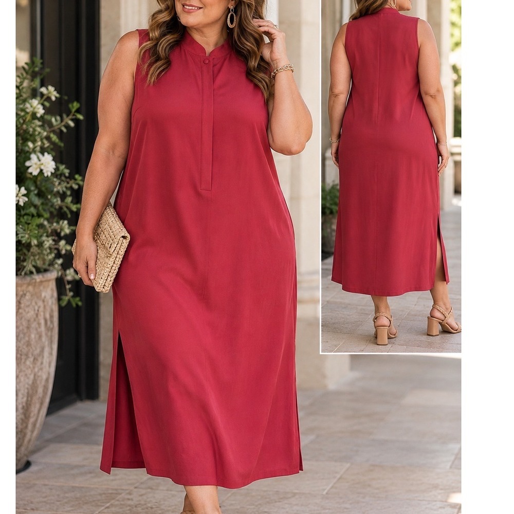 Womens 22W Valerie Stevens II Silk Maxi Red Sleeveless Mandarin Collar Boho
